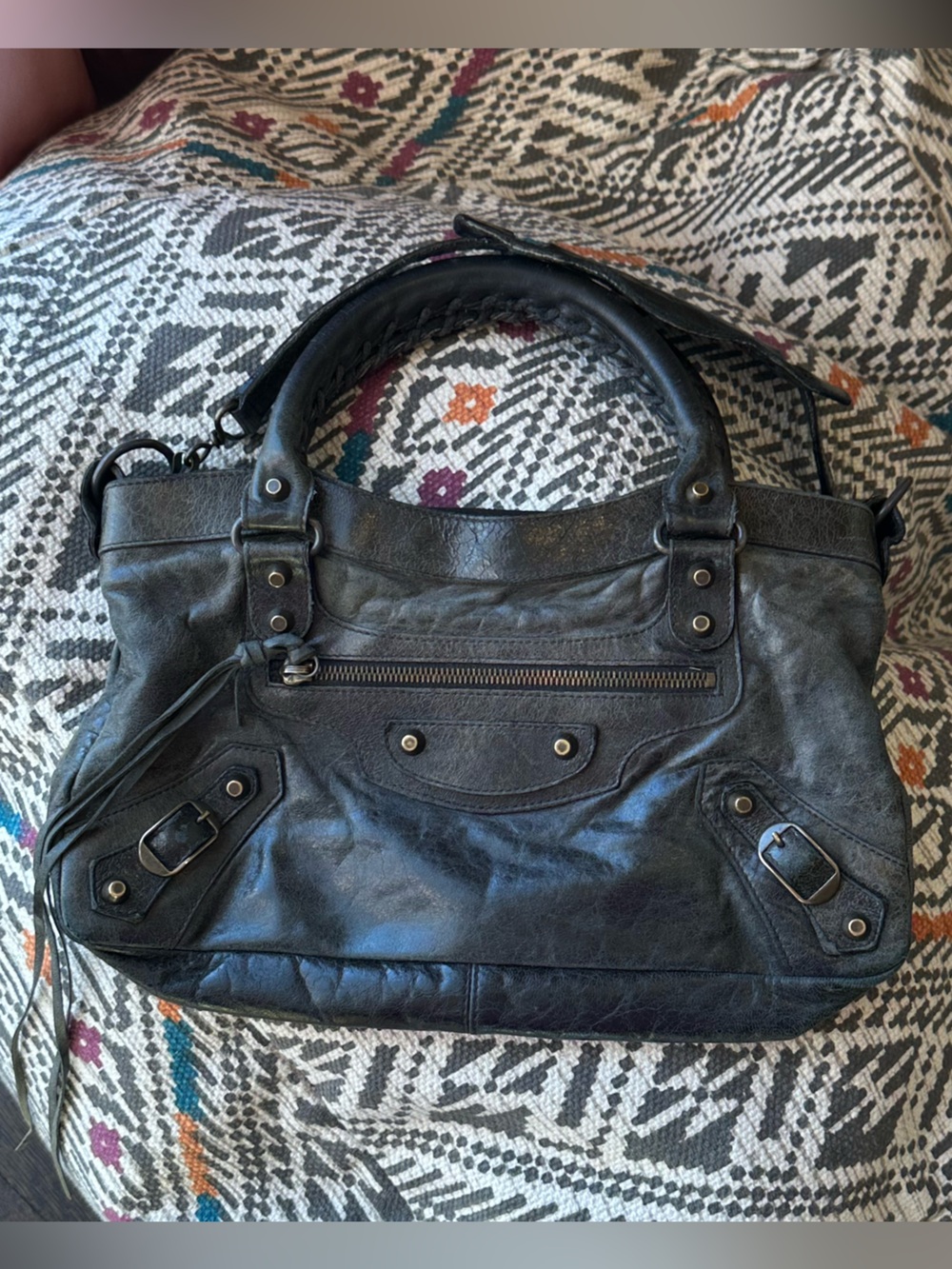 Balenciaga Dark Gray Vintage Lambskin Leather Satchel Shoulder Bag